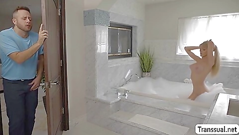 Chubby blonde shemale gets fucked in her ass and mouth