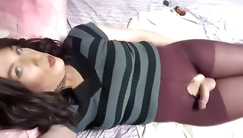 Busty shemale masturbates using a dildo and a dick