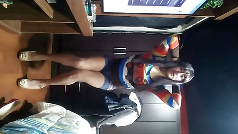 Shy shemale with natural boobs enjoys sex on camera