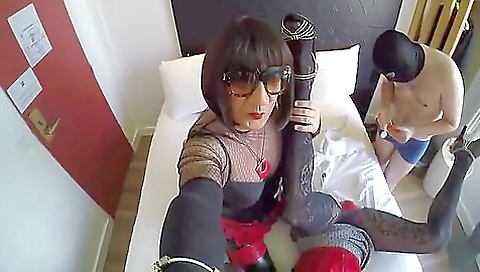 Busty brunette in stockings and heels fucked by a black cock