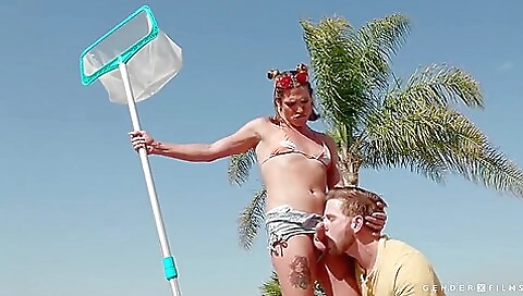 Blonde with a tattooed ass and thighs is getting deep throated