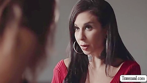 Tattooed brunette shemale gets her cunt stuffed by her mom