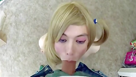 Blonde amateur shemale has deepthroat sex with him