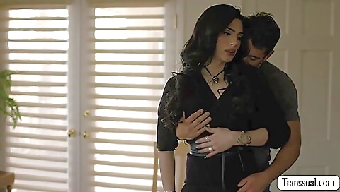 Brunette trans babe gets her ass and her pussy pounded