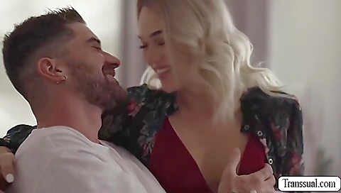 Blonde shemale gets a hard dick in her throat and in her ass