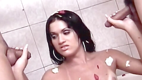 Busty brunette babe with two cocks and a hairy cunt